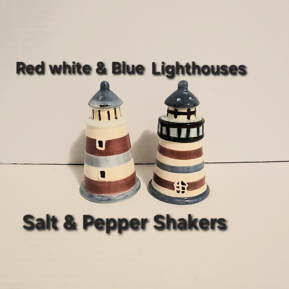 SOLD 🚫🚫🚫Nautical Lighthouse Salt & Pepper Shakers - Red, White, Blue